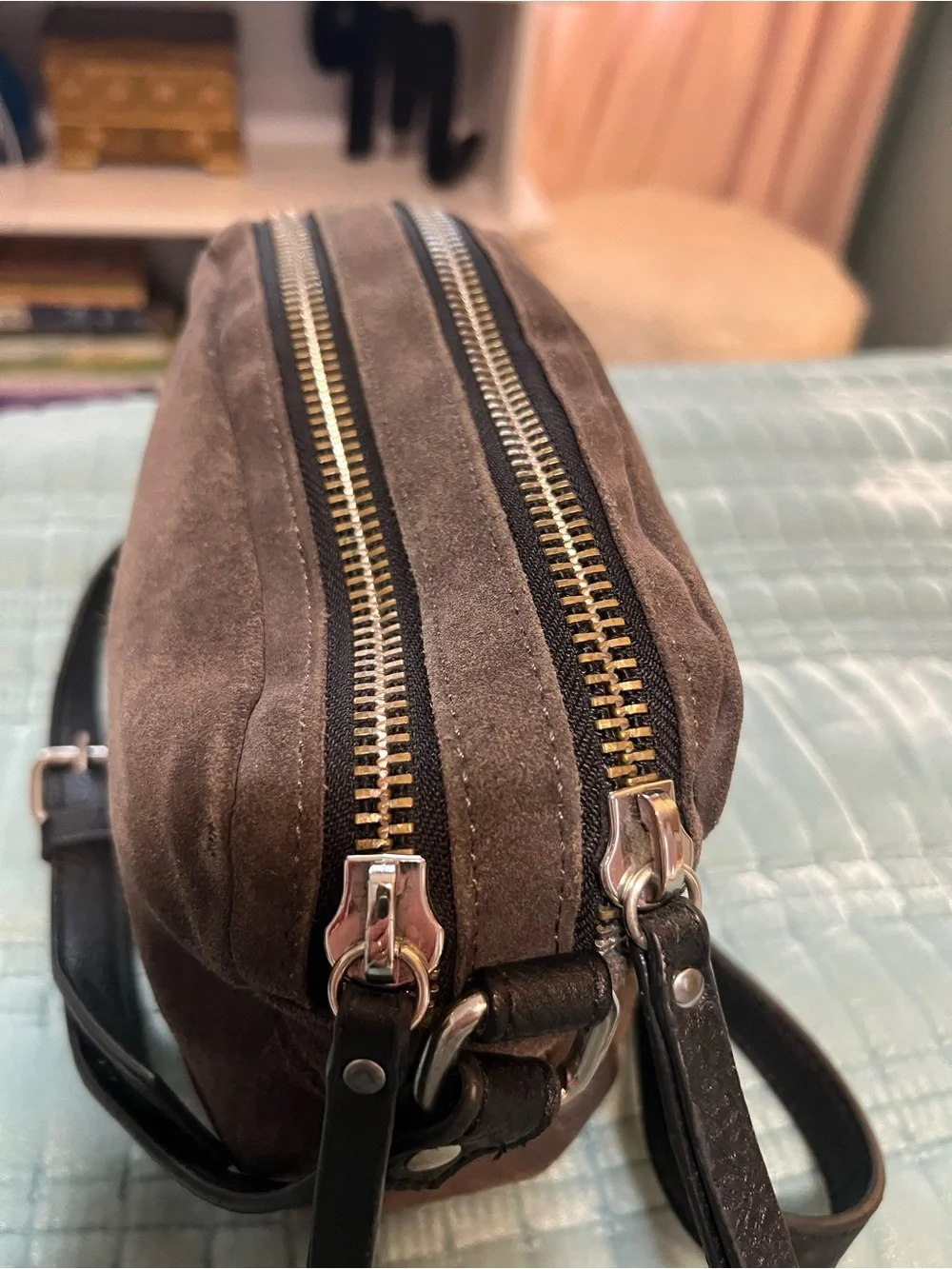 silence + noise Gray Suede Crossbody Bag with Black Trim